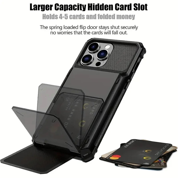 Hidden Flip Cover with 4 Card Slots for Iphone 13 14 15 16 All Models Plus Pro Max with Shockproof Design